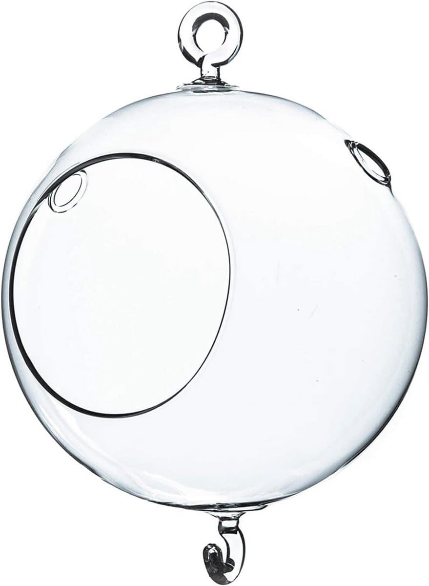 Hangend glazen terrarium globe met dubbele haak voor luchtplanten of kaarsen, Breedte: 12,7 cm, Hoogte: 7 cm