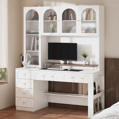 Timechee Modern White Desk with Hutch 63”, Tempered Glass Doors Storage Bookcase Large Home Office Computer Desk