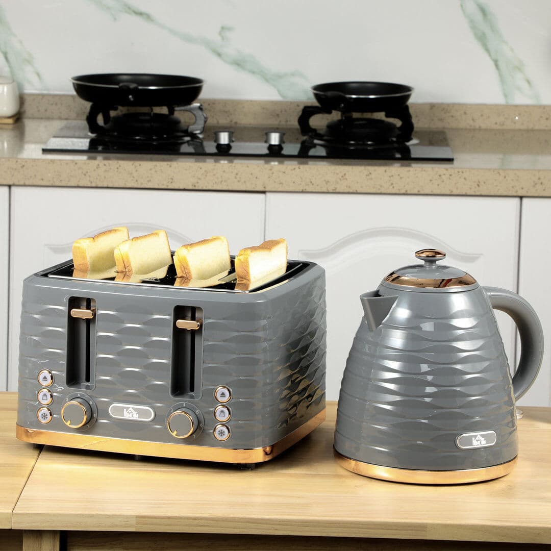 HOMCOM Kettle and Toaster Set 1.7L Rapid Boil Kettle & 4 Slice Toaster Grey 1.7L