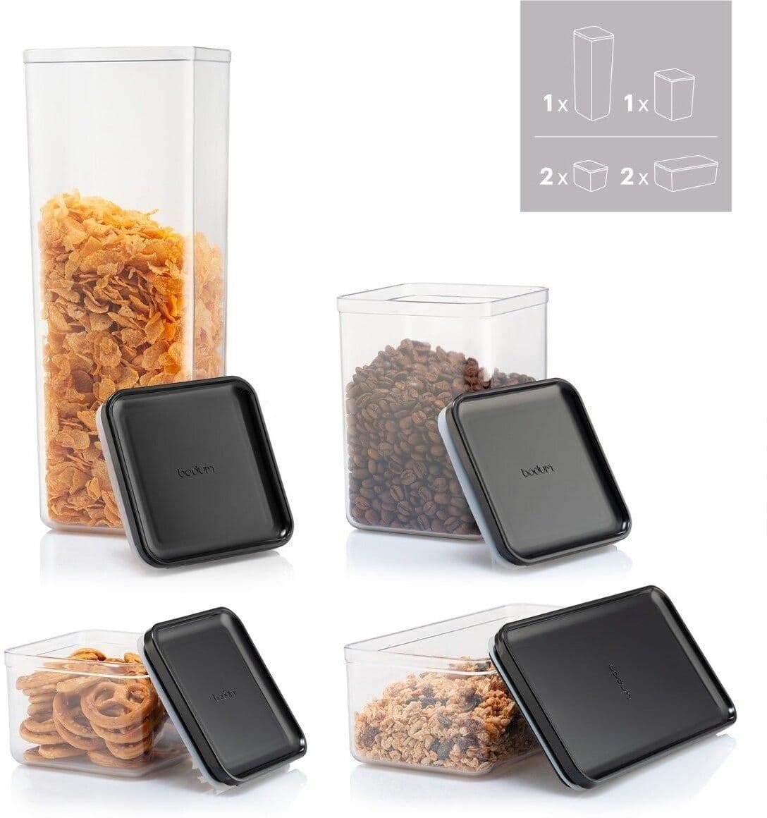 Vorratsdose BODUM "Canteen 6er Set", schwarz, Kunststoff, Silikon, Lebensmittelaufbewahrungsbehälter, Vorratsdose schwarz Einheitsgröße