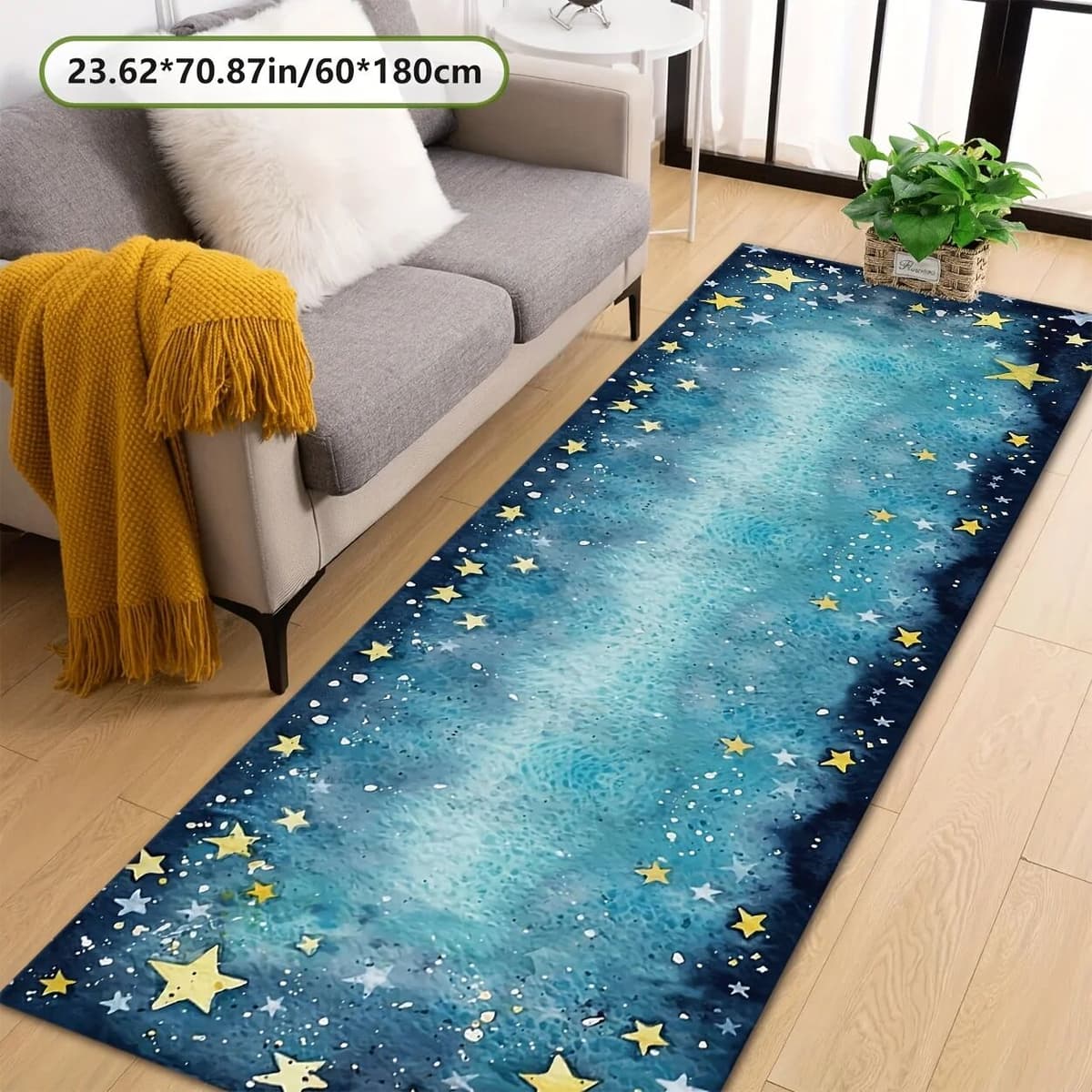 NONE Watercolor Ocean Star Long Runner Rug, Gradient Blue Starry Sky Pattern Non-Slip Absorbent Floor Mat for Living Room Corridor