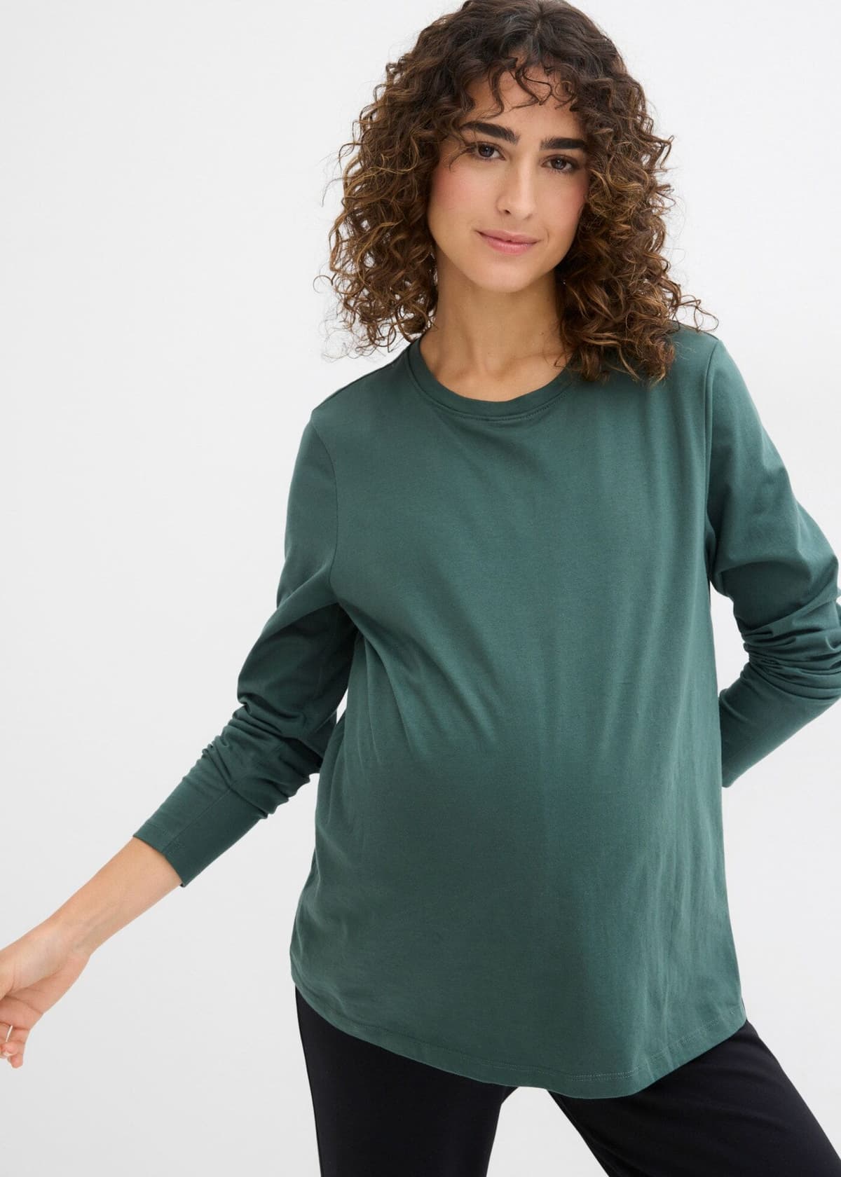 Umstandsshirt BONPRIX, Damen, Gr. 36/38 (S), bunt (schattengrün, schwarz), Obermaterial: 95% Baumwolle, 5% Elasthan, lässig geschnitten, Shirts Umstandsshirt, im Doppelpack, aus Jersey, lässig geschnitten