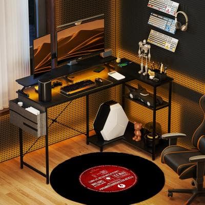 "HOMCOM 58"" Reversible L Shaped Desk with Monitor Stand, Corner Computer Desk with Power Outlets and LED Lights"