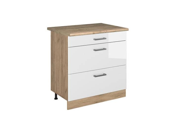 Vicco Küchenunterschrank R-Line, Weiß Hochglanz/Goldkraft Eiche, 80 cm mit 3 Schubladen Arbeitsplatte Goldkraft Eiche, Weiß Hochglanz, Eichefarben, Holzwerkstoff, Rechteckig, 80x81.6x60 cm, Küchen, Küchenmöbel, Küchenschränke, Küchenunterschrank