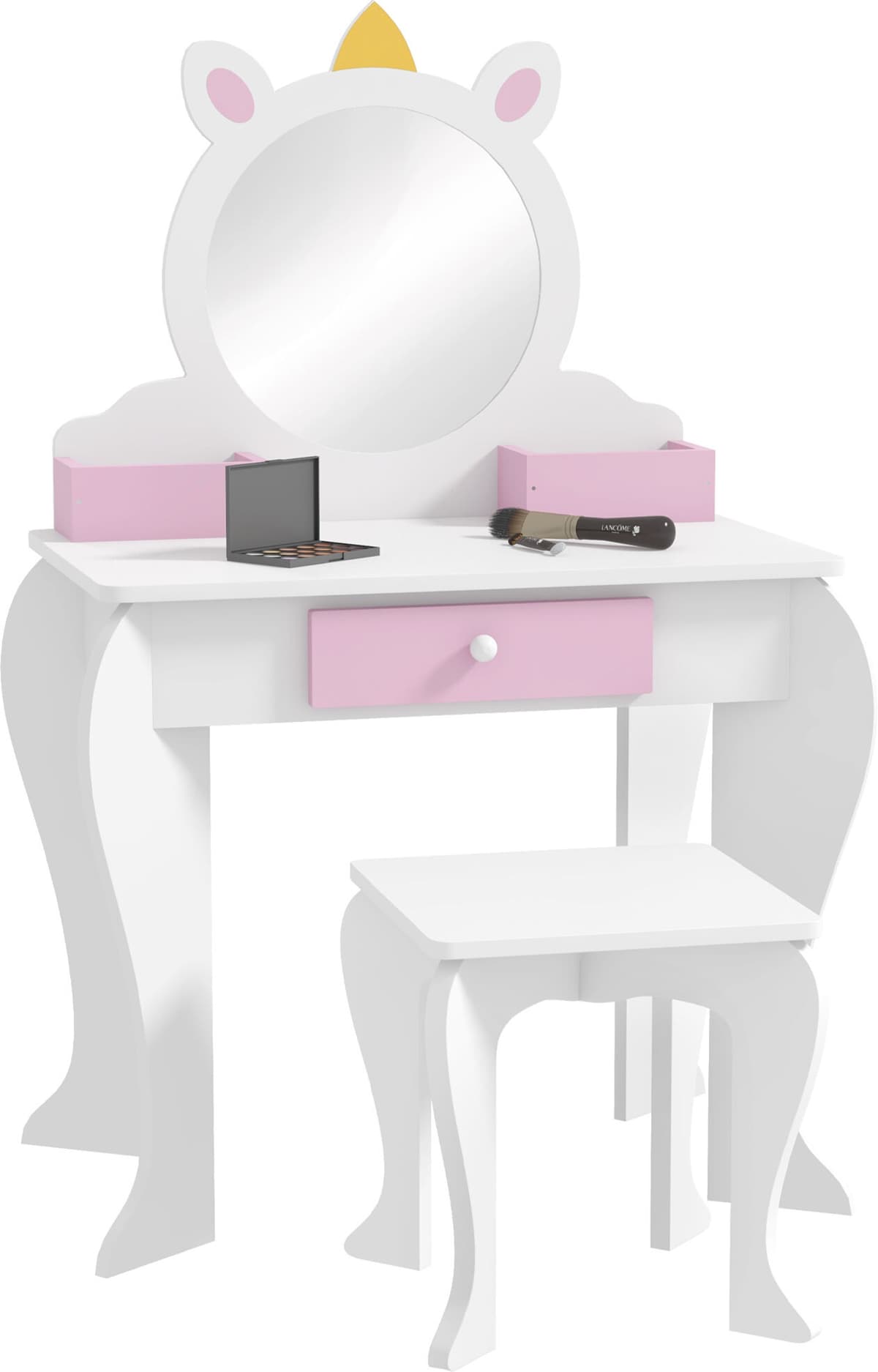 Altro Set Toeletta Trucco Bambina Con Sgabello, Specchio In Acrilico, 2 Scatole Portaoggetti, Design Unicorno, Rosa