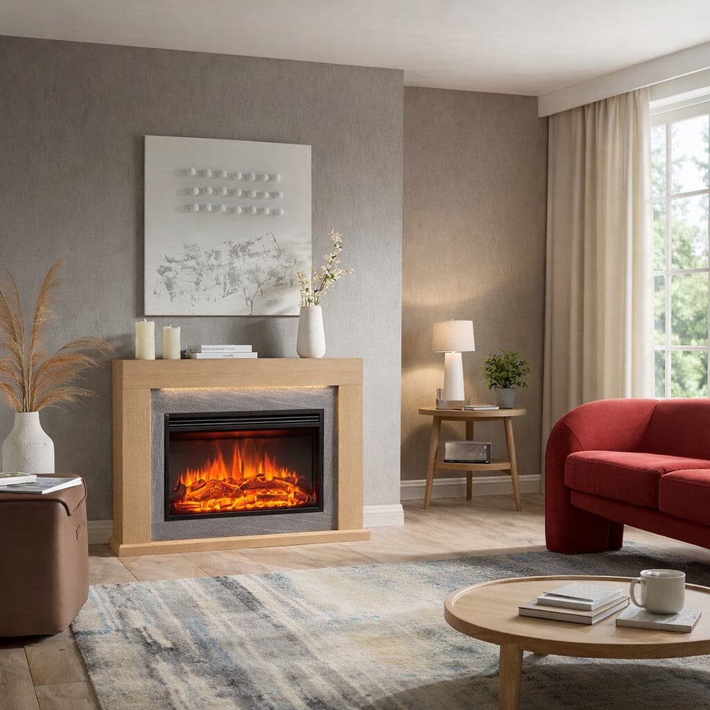 FLAMME Electric Fire and Surround, Freestanding Suite, Madura Natual Oak 82cm H x 120cm W x 25cm D