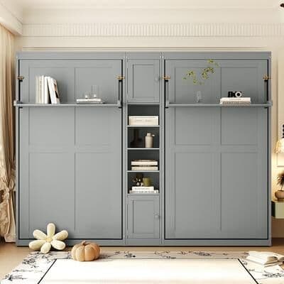 Dual Twin Size Wall Murphy Beds With Cabinets And Shelves