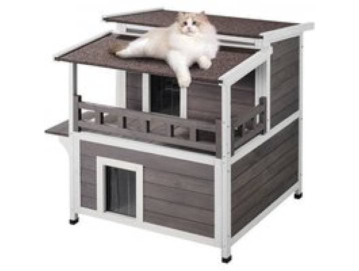 VEVOR Maison pour Chat d'Extérieur, 750x751x820 mm, Niche pour Chats en Bois, Résistante aux Intempéries, 2 Étages, avec Balcon, Portes, Volets en PVC, Toit Ouvert, Cabane Abri pour Chats Sauvages