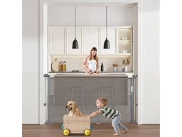 VEVOR Barrière de Sécurité Extensible Jusqu’à 140 cm Hauteur 87 cm, Barrière Rétractable pour Animaux de Compagnie, Clôtures en Mailles, pour Chiens Couloir Escalier Porte Salle de Jeux, Gris