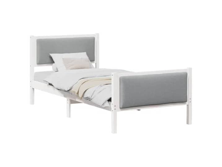KTHLBRH Bett hellgrau 100 x 200 cm Stoff Massives Kiefernholz, gepolstertes Kopfteil, Lattenrost, unter Bett