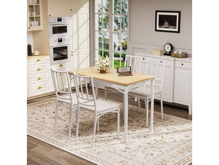 Ensemble table à manger 110x60x76 5 cm avec 4 chaises rembourrées structure acier style industriel naturel et blanc