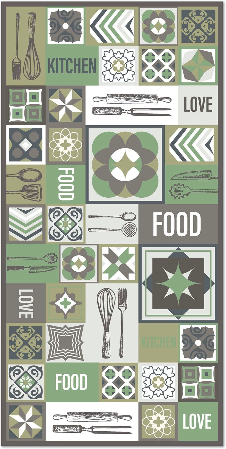 Home and Living Alfombra vinílica cocina collage palabras baldosas verde 120x170 cm