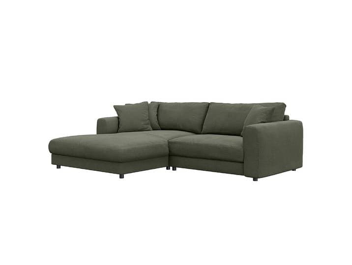 home24 Hoekbank met chaise longue groen/grijsgroen geweven stof Saia 238cm chaise longue vooraanzicht links modern
