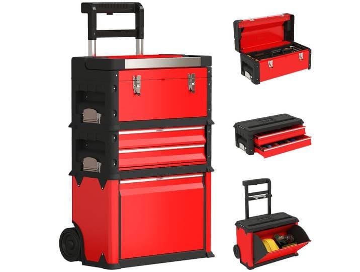 Lot de 3 boîtes à outils sur roulettes empilables et modulaires en acier avec plateau, poignées et serrure, rouge