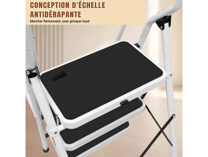 Escabeau à 4 marches avec main courante et marches antidérapantes, escabeau domestique, échelle pliante, charge maximale de 150 kg