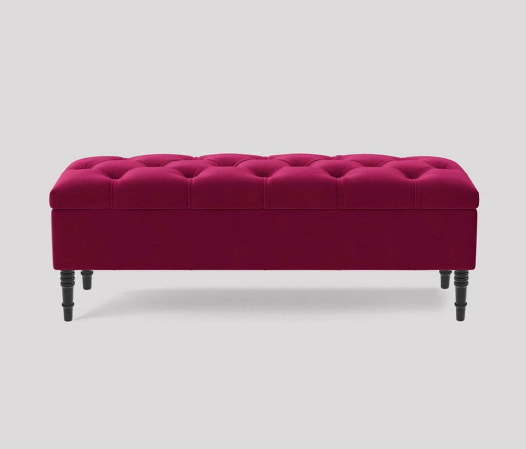 R&M Furnishers Alyana Wide Tufted Rectangle Ottoman Storage Bench - Upholstery Velvet Shoe Bench with Turned Wooden Legs Claret Plush 90cm W x 40cm H x 40cm D