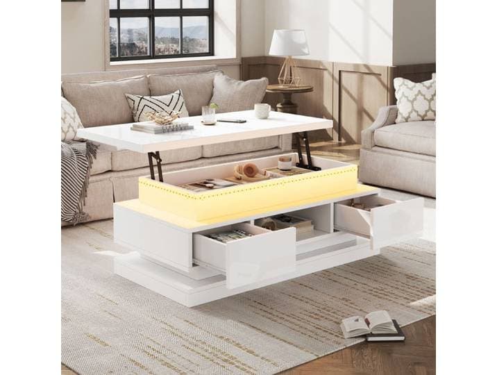 Table basse relevable - Dimensions 100x50x40 cm - Réglable en hauteur jusqu'à 54 cm - Blanc haute brillance
