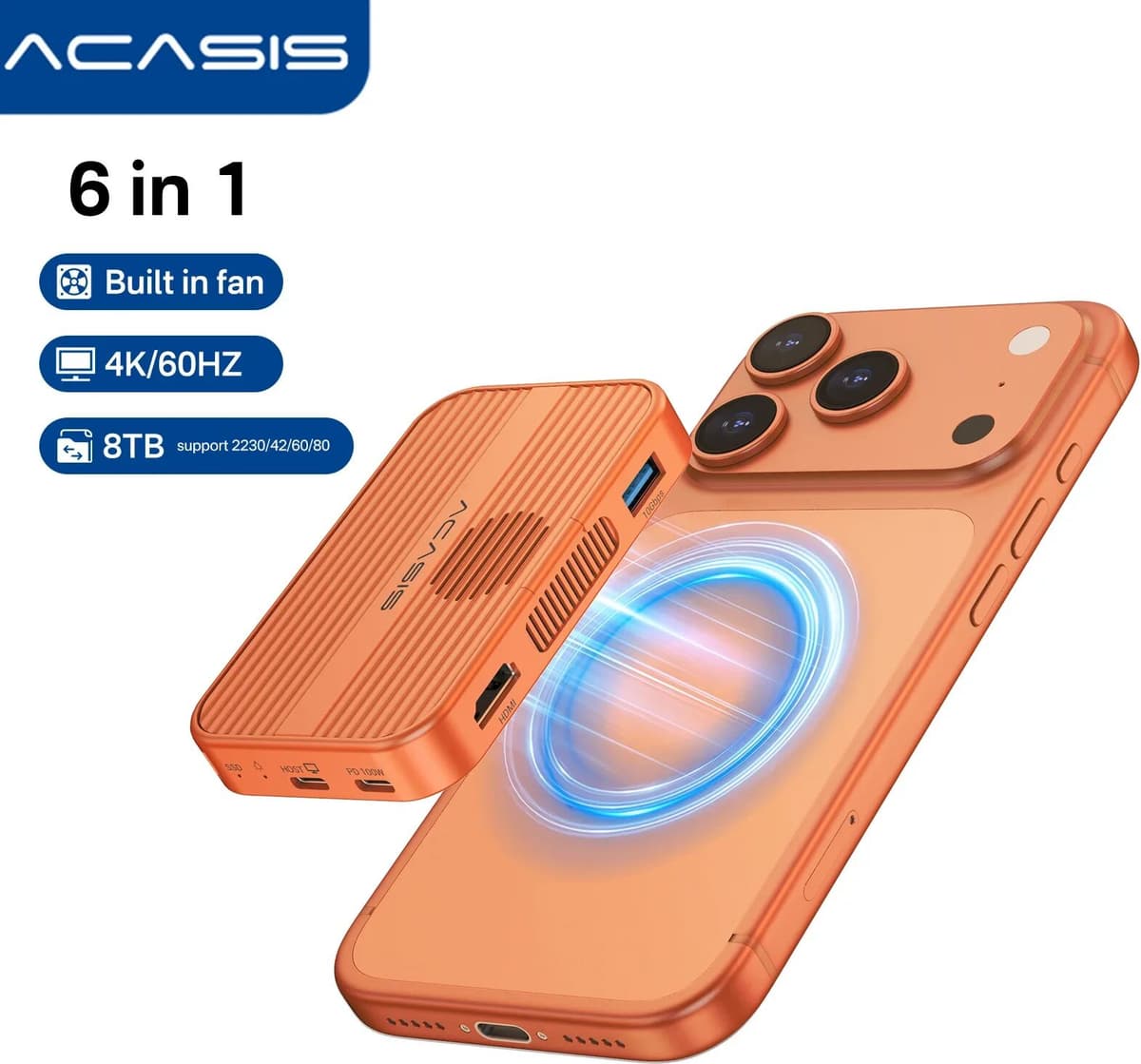 Acasis Magnetic 10Gbps USB-C Docking Station PD100W HDMI 4K/60HZ & SSD Enclosure 8TB for M.2 NVMe SSD 2280/60/42/30 for iP17/16
