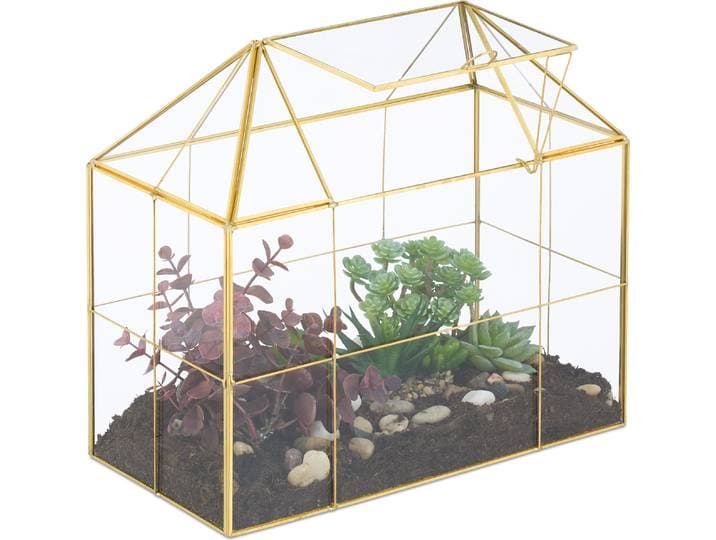 Terrarium végétal Relaxdays\, verre et cuivre\, dimensions : 27 x 30 x 15 cm. Serre décorative pour cactus et mousse\, vitrine en verre pour rebord de fenêtre\, dorée