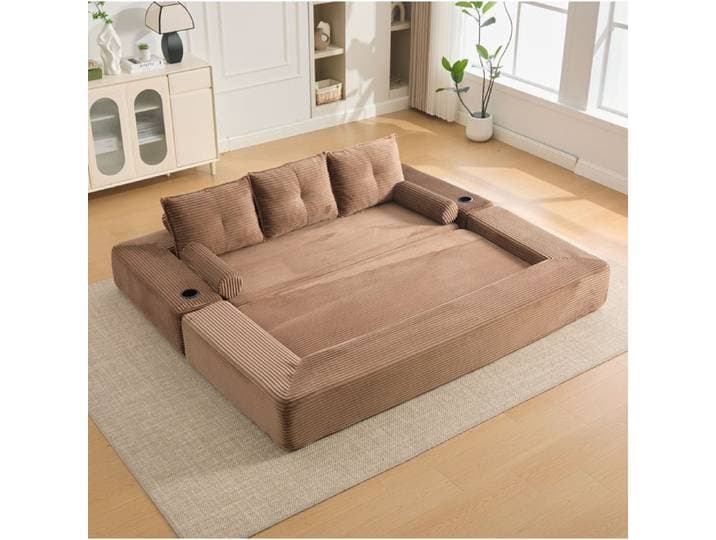 Canapé convertible 3 places EVRYAE en velours côtelé marron 232 x 98 x 80 cm avec poches latérales et porte-gobelets