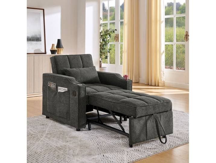 Fauteuil-lit convertible 3-en-1 QAVRYL gris foncé couchage 190 cm dossier 3 positions USB/USB-C
