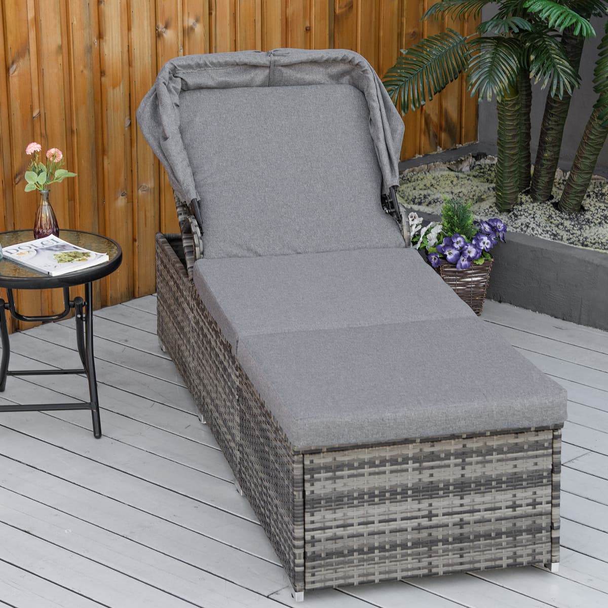Outsunny Lettino Prendisole in Rattan PE, Chaise Longue con Schienale Reclinabile a 4 Livelli, Tettuccio e Materassino, Grigio Aosom