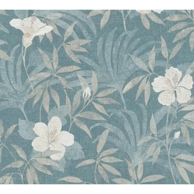 Vliestapete A.S. CRÉATION "Cuba", beige (beige blau), B:0,53m L:10,05m, Vinyl, Vlies, Tapeten, Dschungeltapete Tapete Blumen Tapeten Wohnzimmer Schlafzimmer Küche