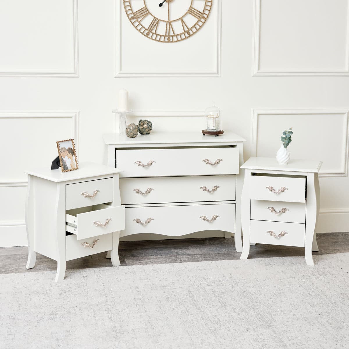 Large 3 Drawer Chest of Drawers & Pair of Bedside Tables - Elizabeth Ivory Range Coated MDF, Metal