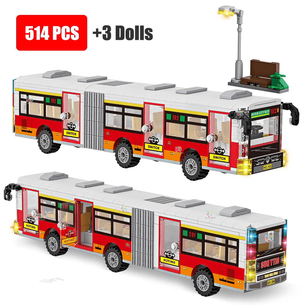 SLUBAN City Series Traffic Car Red Passenger Bus Station Single-Deck Public Set With Figures Model Building Blocks DIY Toys for Gifts