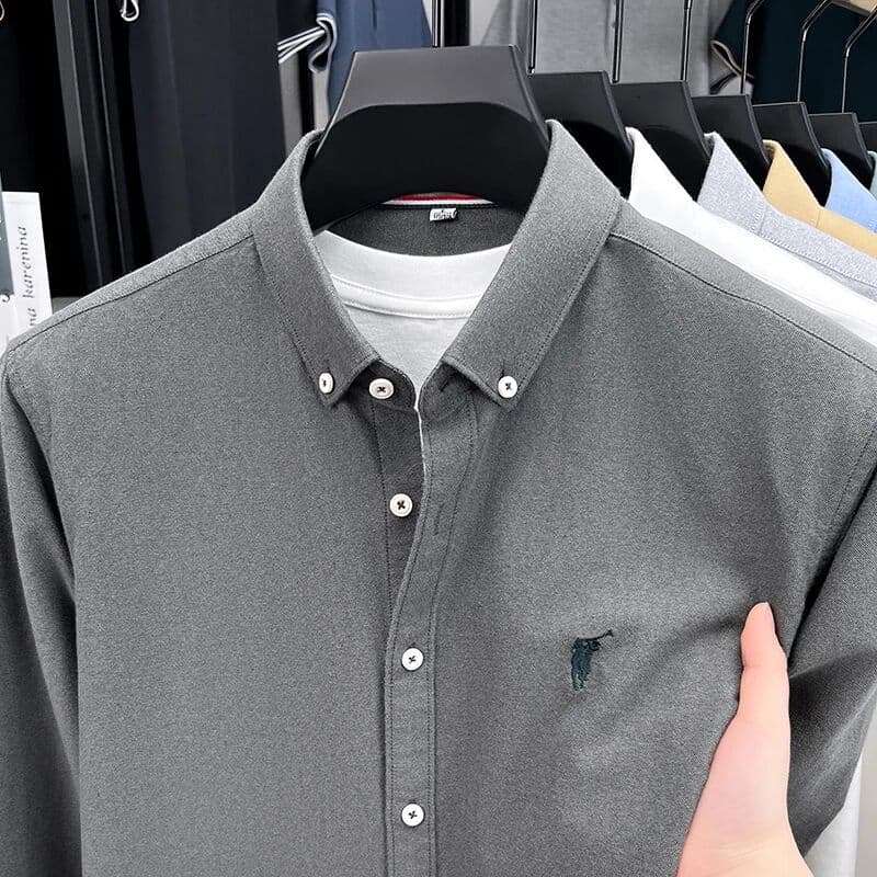 NONE High End 100% Pure Cotton Long Sleeved Men's 2026 Spring Fashion Solid Color Business Casual Small Horse Logo Shirt