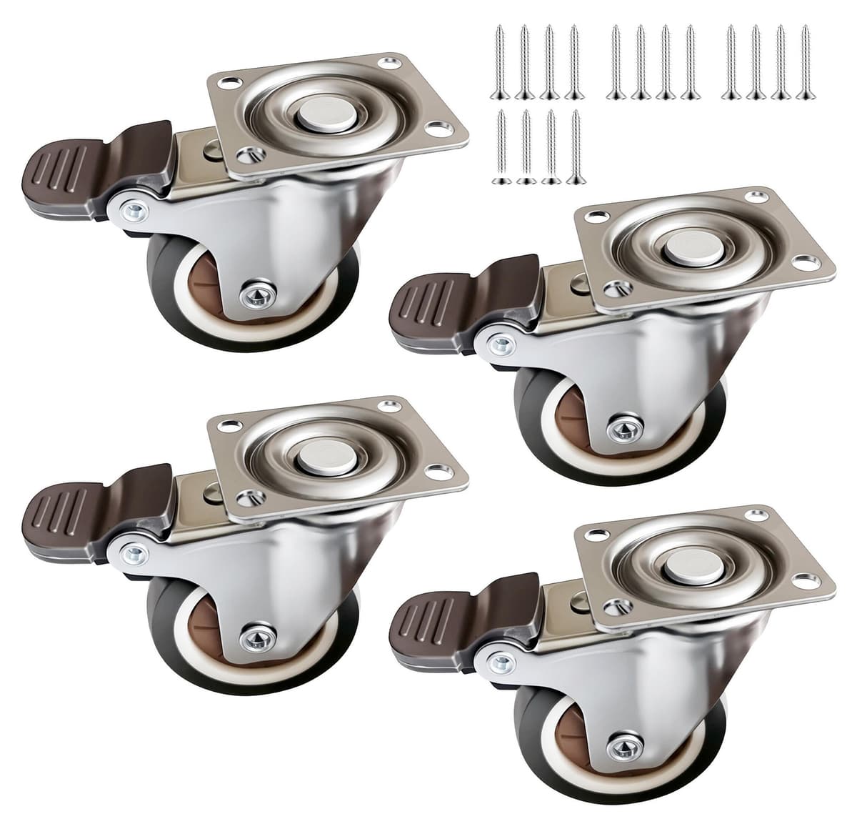 Relaxdays Zwenkwielen set van 4, Rubber en Staal, Bruin/Zilver/Zwart
