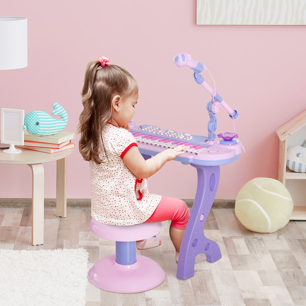 Homcom Pianoforte Giocattolo a 37 tasti con Sgabello e Microfono, 12 Strumenti e 22 Musiche, Registrazione, MP3 e Karaoke, Rosa Aosom
