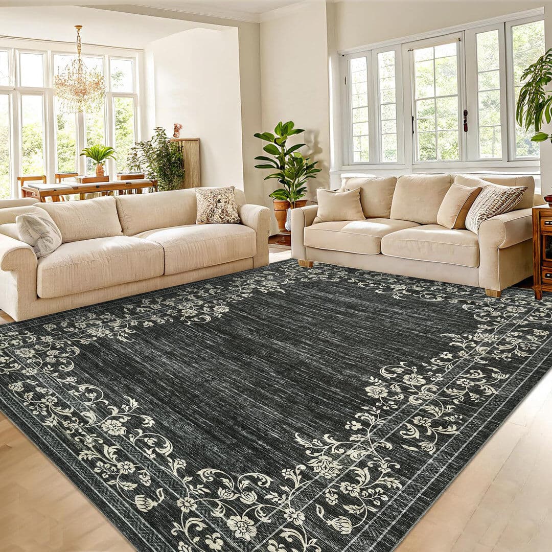 Lily Manor Floral Area Rug Black Rectangle 160 x 230 cm