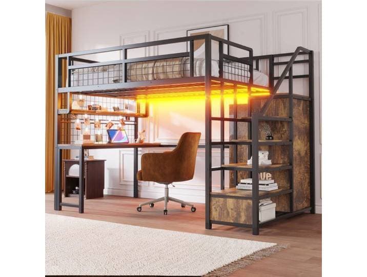 Lit Mezzanine 2 Place avec LED et table lit Enfant 140x200 avec échelle de rangement et armoire En Métal Noir (Sans Matelas)