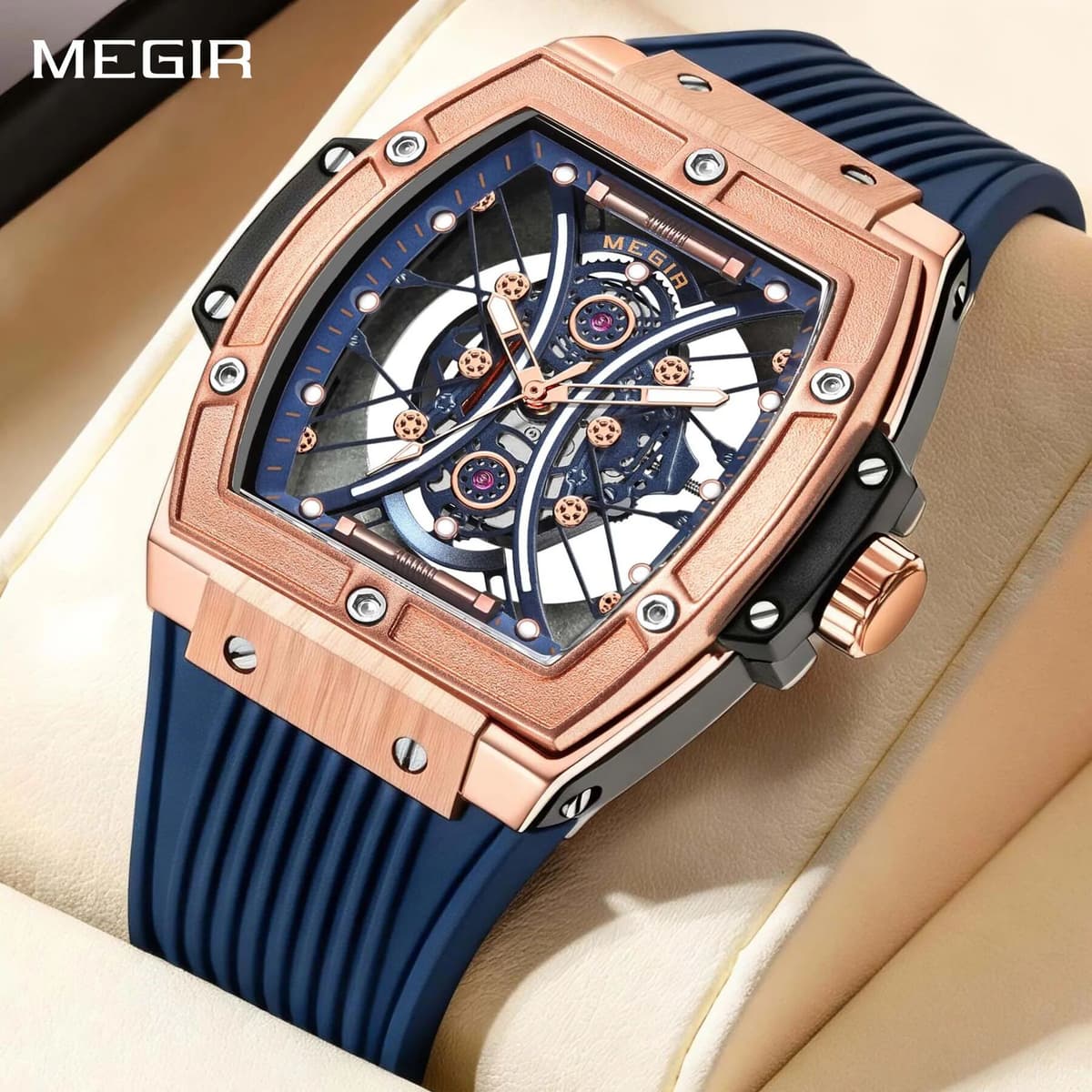 MEGIR Luxury Quartz Watch for Men Skeleton Dial Tonneau Shape Waterproof Luminous Clock Outdoor Sport Men's Wristwatch Reloj
