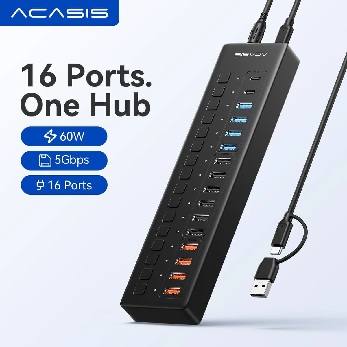 Acasis 16 Ports USB-A/C Splitter USB-C/USB 3.0/USB 2.0 for Keyboard Mouse Printer Phone Charging Data Transfer