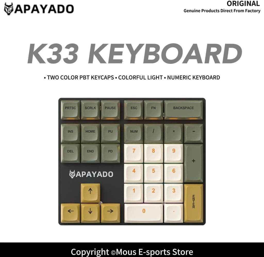 K33 Mechanical Numeric Keypad Blue/Red Switch PBT Keycap APAYADO Compact Wired Numpad for Laptop Users Bankers Financial Traders