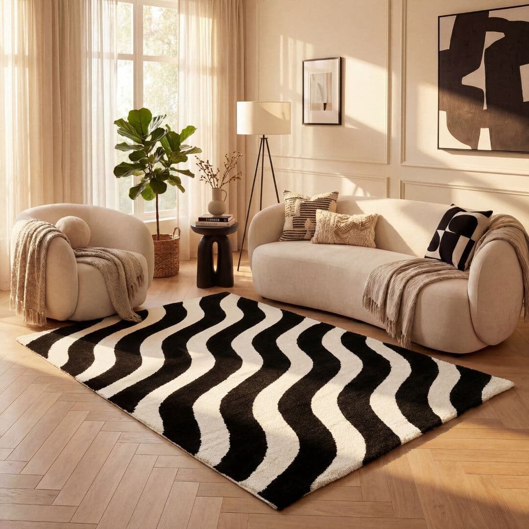 THE RUGS Joli Wavy Area Rug Soft Dense Pile for Living Rooms and Bedrooms Black/White Rectangle 200 x 290 cm