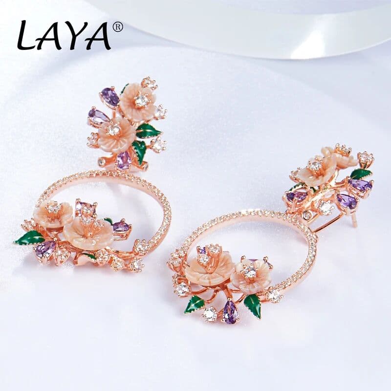 LAYA JEWELRY LAYA 925 Sterling Silver Fashion Natural Shell Flower Green Leaf Enamel AAAAA+ Zircon Drop Earrings For Wedding Elegant Jewelry
