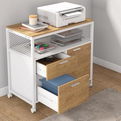 BLUEBELL Mobile Rolling Printer Stand File Cabinet, Modern Lateral Filing Cabinet with Drawers, Cabinet Door & Open Storage for Office