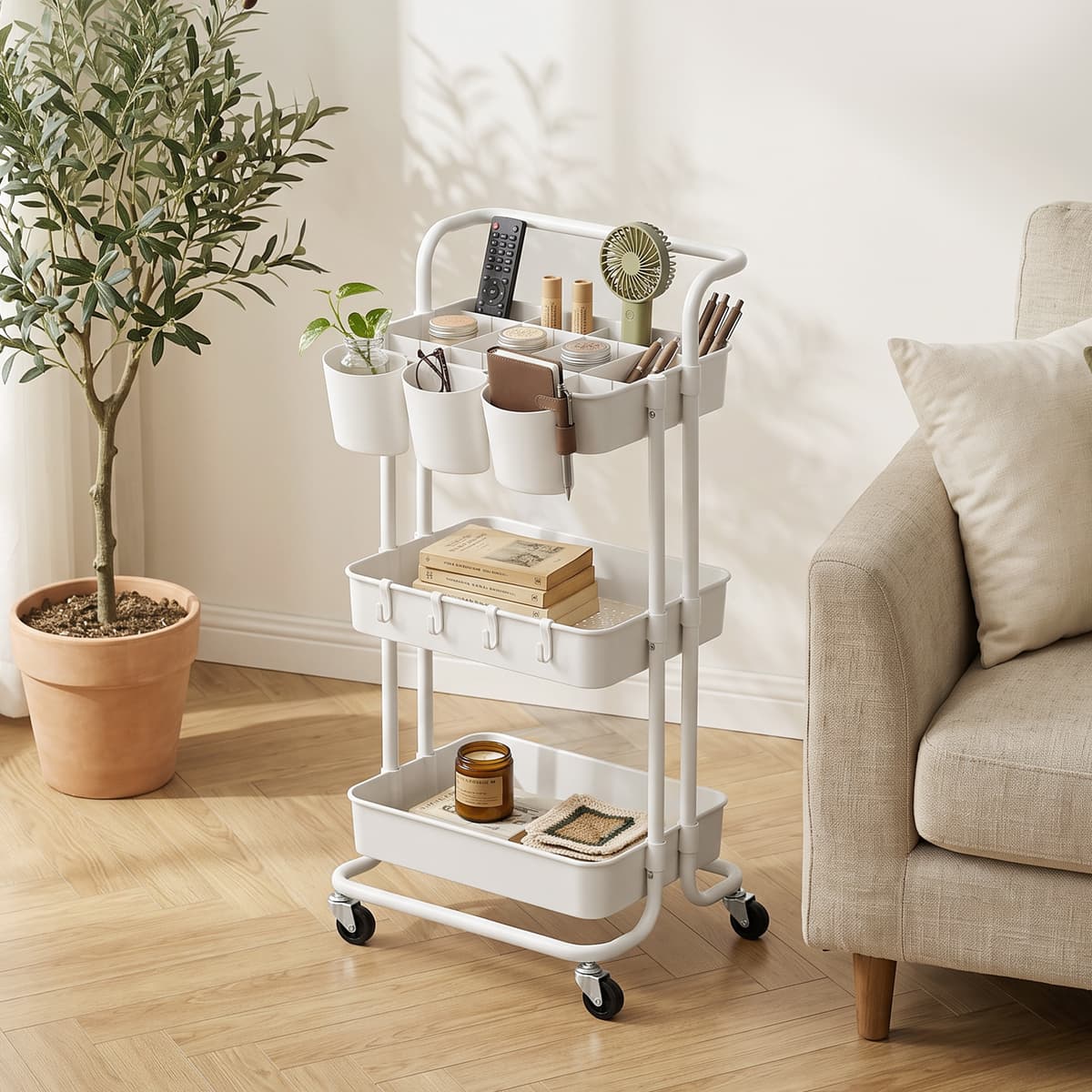 Homcom Carrello Cucina Multiuso a 3 Livelli con Cestini e Ganci Rimovibili, Ripiano con 12 Divisori, Bianco   Aosom Italy