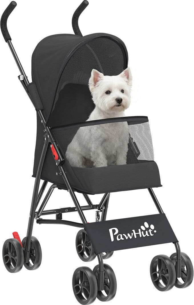 PawHut Foldable Dog Stroller with Mesh Windows for Mini Dogs Black 98cm H X 76cm W X 44cm D