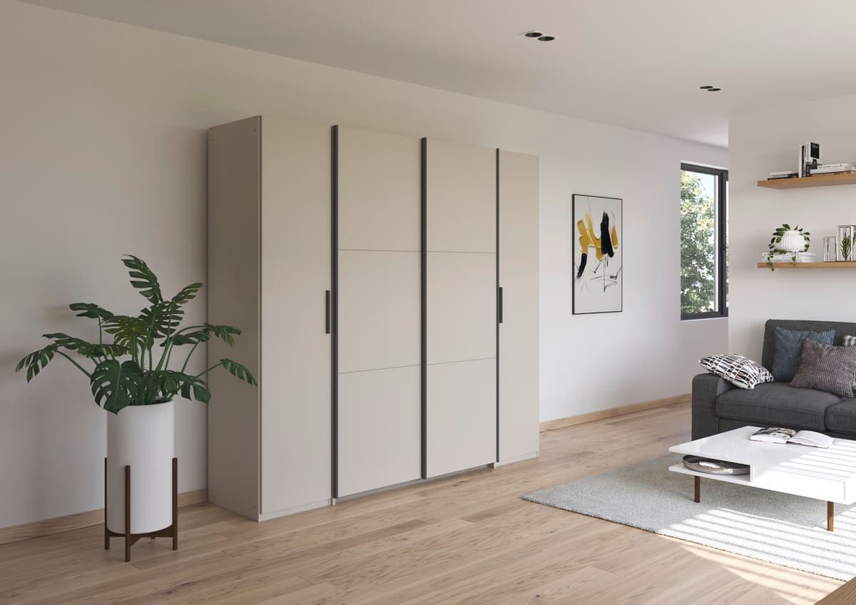 Schwebetürenschrank RAUCH "Kleiderschrank Drehtürenschrank Schrank Garderobe KRONACH", beige (champagner, griffleisten graumetallic), B:225cm H:210cm T:59cm, Holzwerkstoff, Schränke, Schwebetürenschrank, mit Dreh- und Schwebetüren und vielen Einlegeböden 