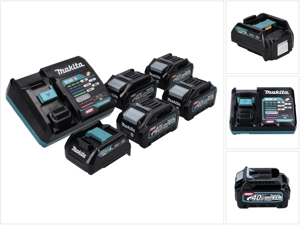 Makita Power Source Kit 40 V max. mit 4x BL 4025 Akku 2.5 Ah ( 4x 191B36-3 ) + DC 40 RA Schnell Ladegerät ( 191E07-8 ) + ADP10 Ladeadapter LXT auf XGT 14,4V 18V ( 191C10-7 )