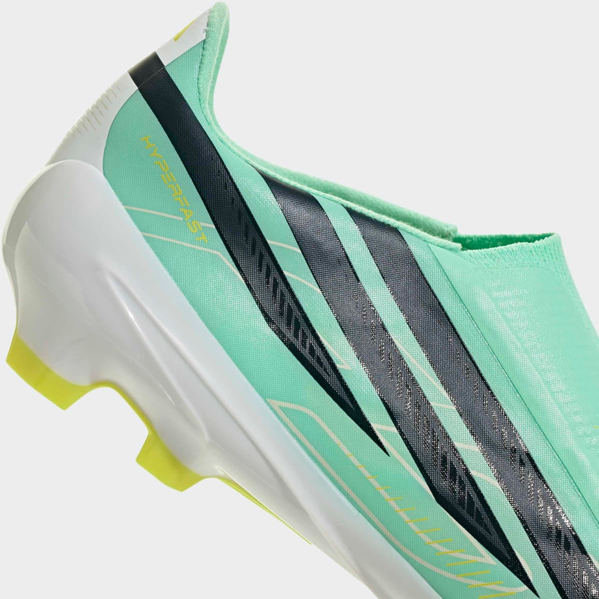 Fussballschuh ADIDAS PERFORMANCE "F50 HYPERFAST LEAGUE, FESTE BÖDEN, OHNE SCHNÜRSENKEL", Gr. 44,5, pulse mint, night navy, solar lemon, Synthetik, Textil, Schuhe Fussballschuh, Aussensohle für Rasen und feste Böden pulse mint, night navy, solar lemon 44,5