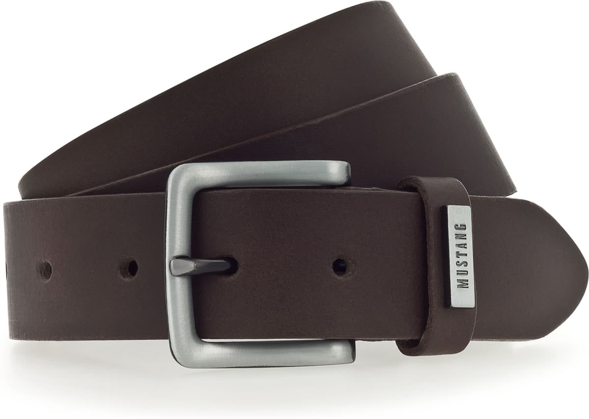 Ledergürtel MUSTANG "Wayne", Herren, Gr. 115, braun (dunkelbraun), Rindsleder, unifarben, Gürtel Ledergürtel, mit benieteter Schlaufe, unifarben, im Casual-Design dunkelbraun 115