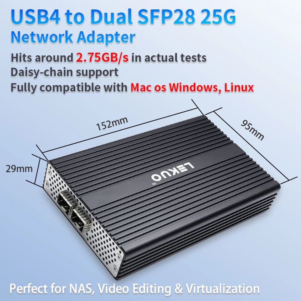 lekuo USB4 to Dual 25G SFP28 Network Adapter 40Gbps Compatible Thunderbolt 5 3 4, Aluminum Case for Mac Win11 Linux 4K Video Editing