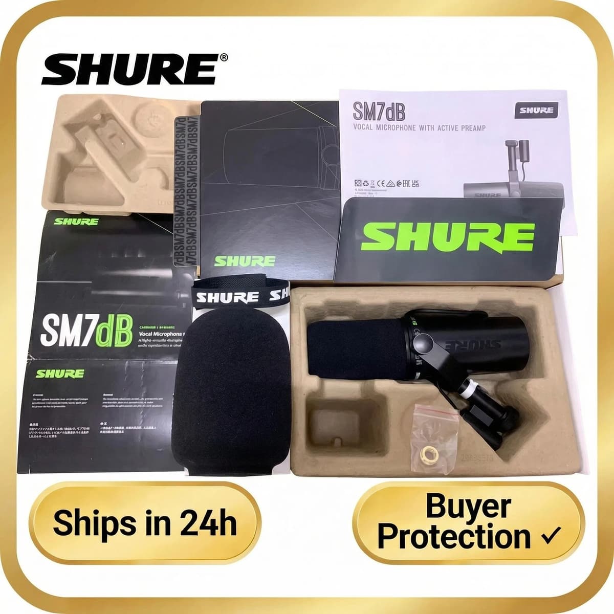 Shure SM7dB Professional Dynamic Cardioid Studio Microphone for Live Recording And Performance - Mic Accessories Included