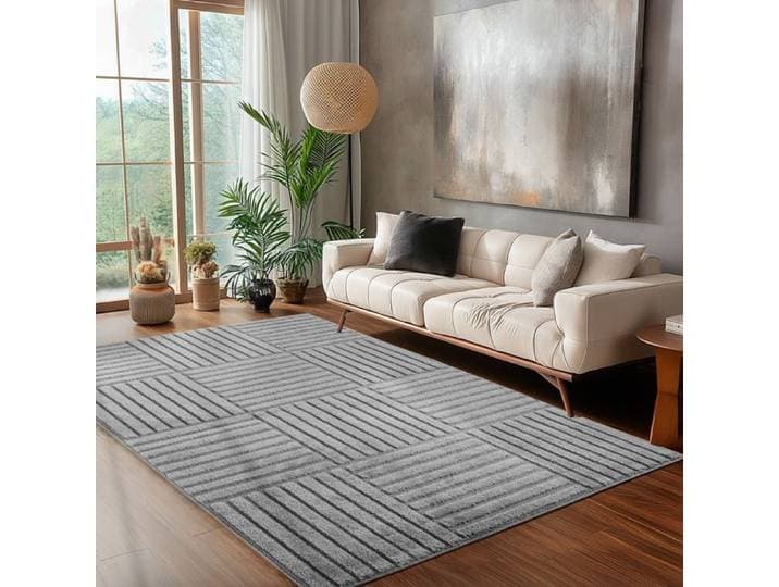 Carpettex Tapis de Salon 120x170 cm Gris à Poils Longs Design Scandi Boho à Carreaux Effet Relief DModerne pour Chambre à Coucher