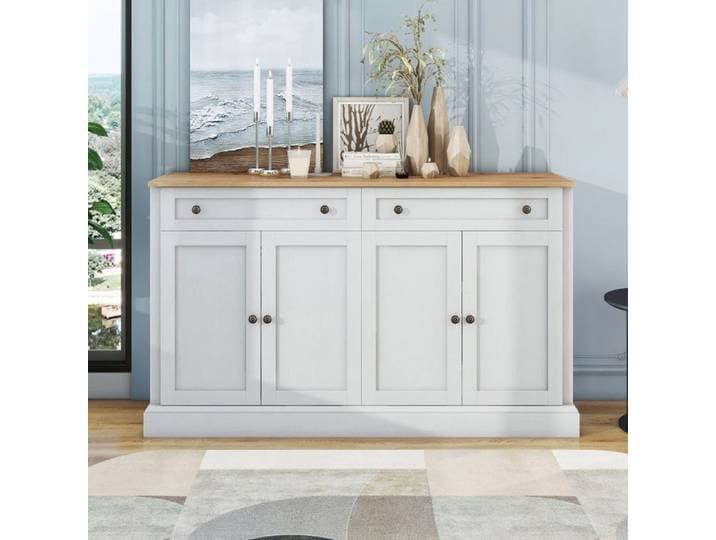Buffet Bahut Cuisine - 150x40x86 cm - 4 Portes 2 Tiroirs Design Rétro Étagères Réglables - Blanc Antique et Bois Naturel